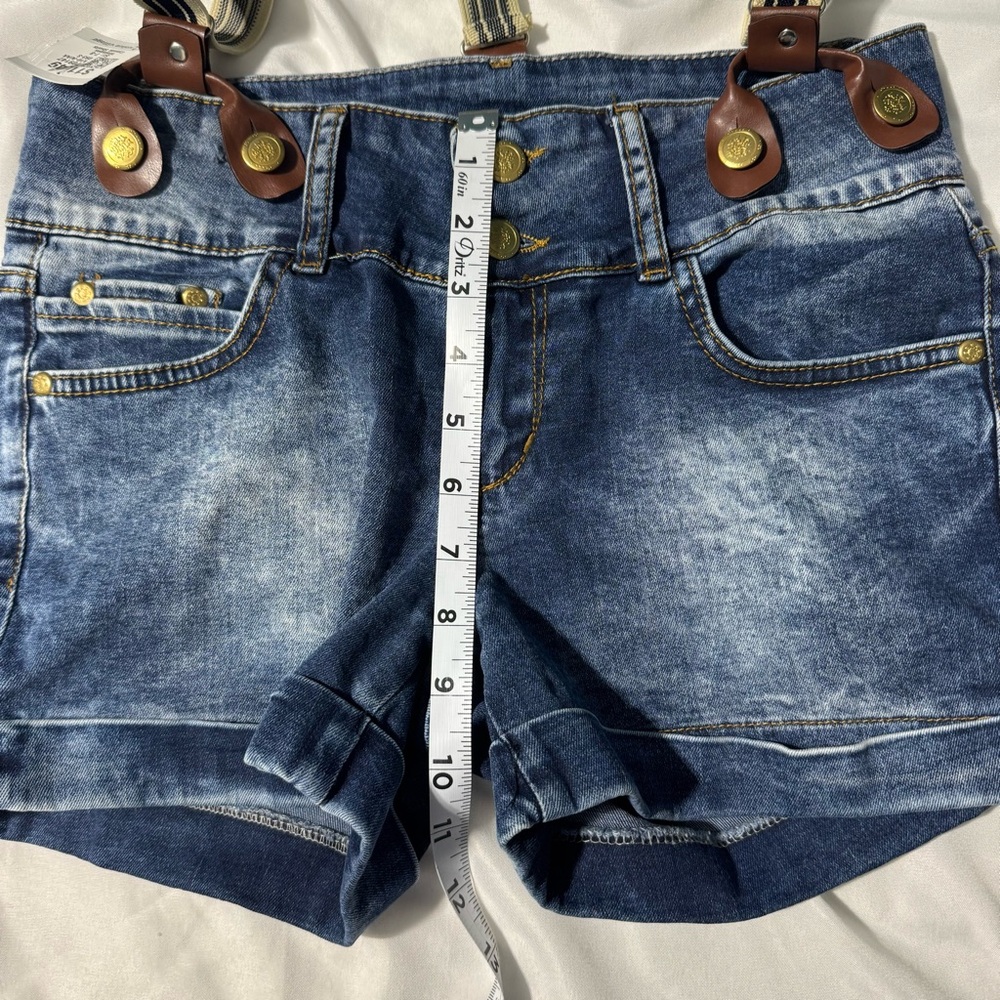 Yellow Beetle Denim Shorts w/ Striped Suspenders | Size 29 Y2K Retro Streetwear - Picture 9 of 11